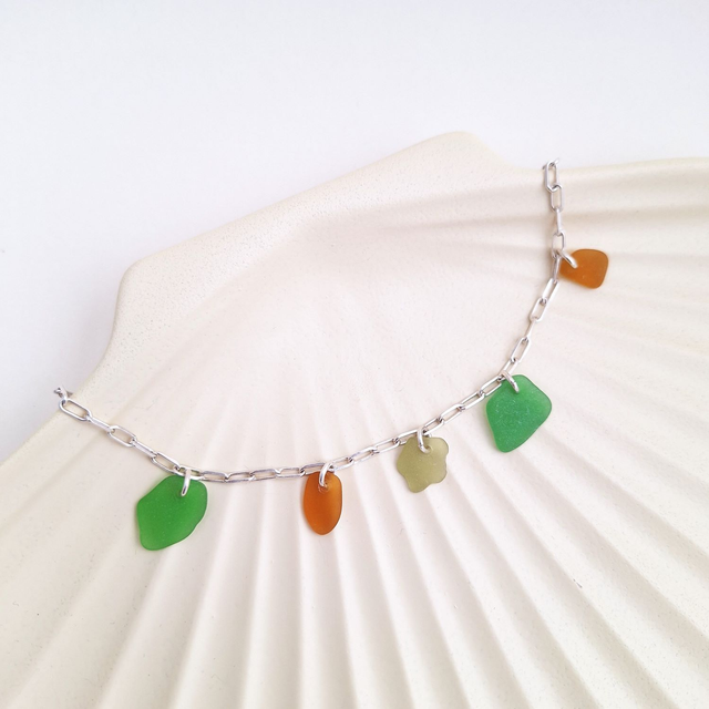 Bocca vert et orange - bracelet en argent et verre des plages