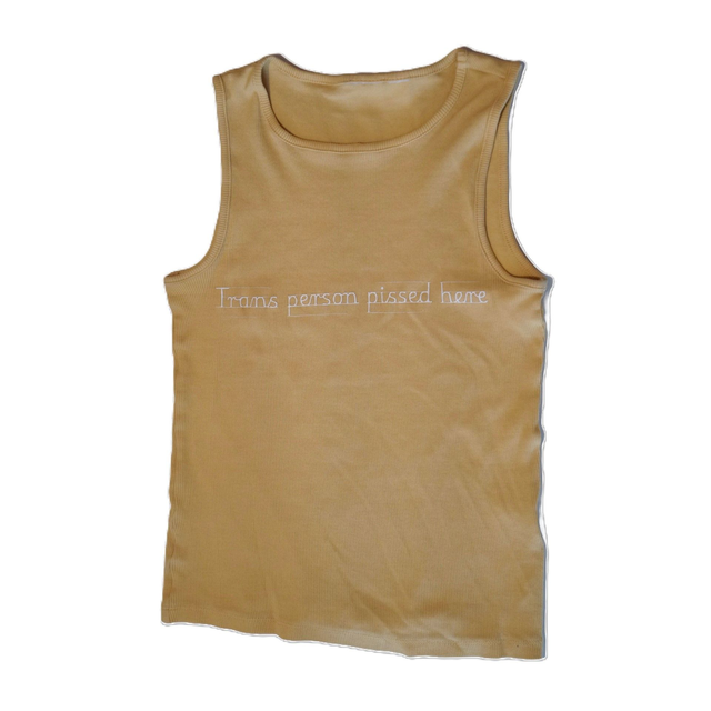 yellow top "trans person pissed here" size XS
