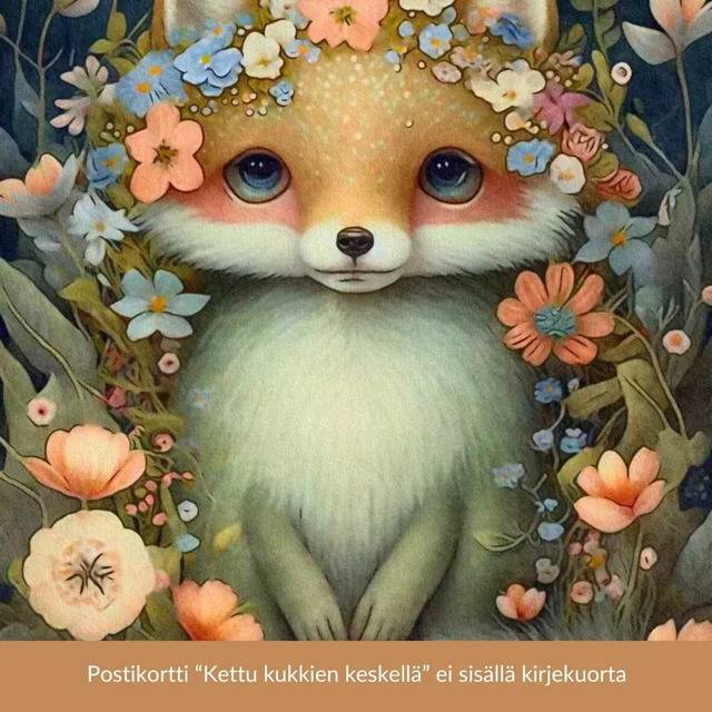 Postikortti Kettu kukkien keskellä