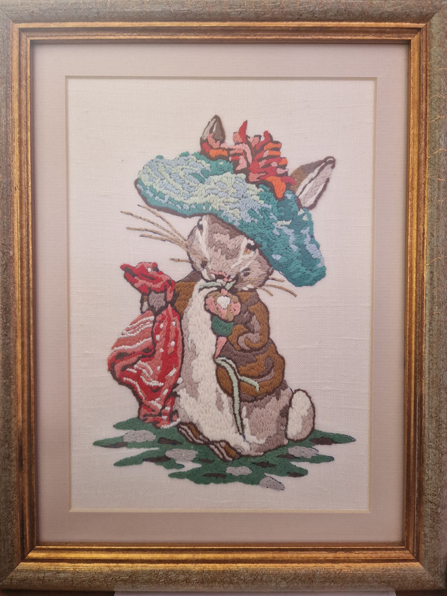 Framed, Embroidered Picture of "Benjamin Bunny" from Beatrix Potter