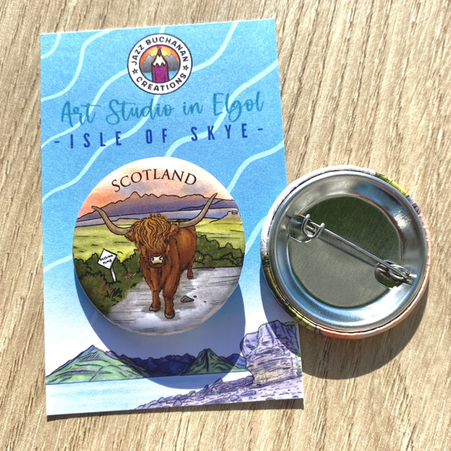 Sunset Highland Cow button badge