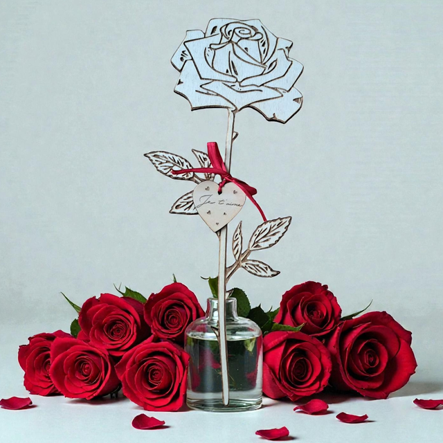 Rose en bois avec cœur gravé 