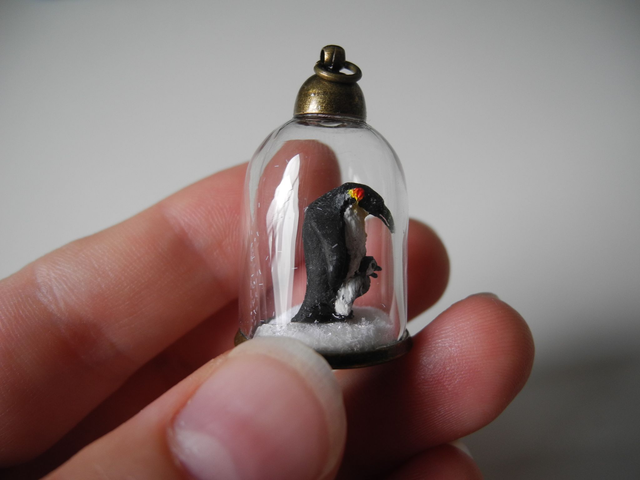 Penguin Pendant – “A father’s love” - OOAK Biosphere Brass Pendant - Clear glass cylinder with a delicate handmade penguin family inside