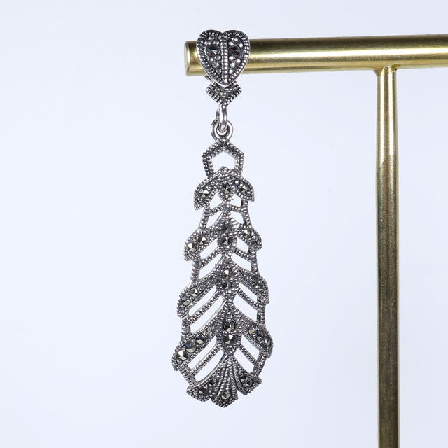 Pair of Elegant Sterling Silver 925 Art Nouveau Style Long Marcasite Gemstone Petal Leaf Floral Heart Geometric Design Drop Dangle Earrings