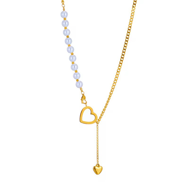 Amore Collana in acciaio inossidabile, placcato in oro 18k, con perline naturali. 