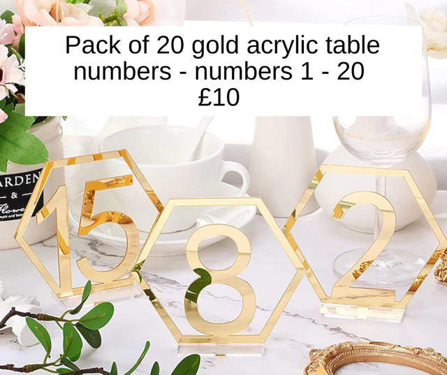 Pack of 20 gold acrylic table numbers - numbers 1-20 - mirrored gold