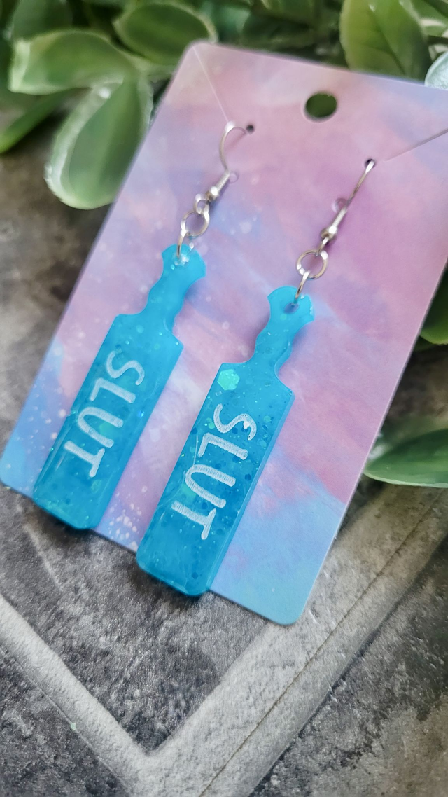 Earrings | SLUT Paddle Earrings Teal Blue Glitter | Stainless Steel Hooks