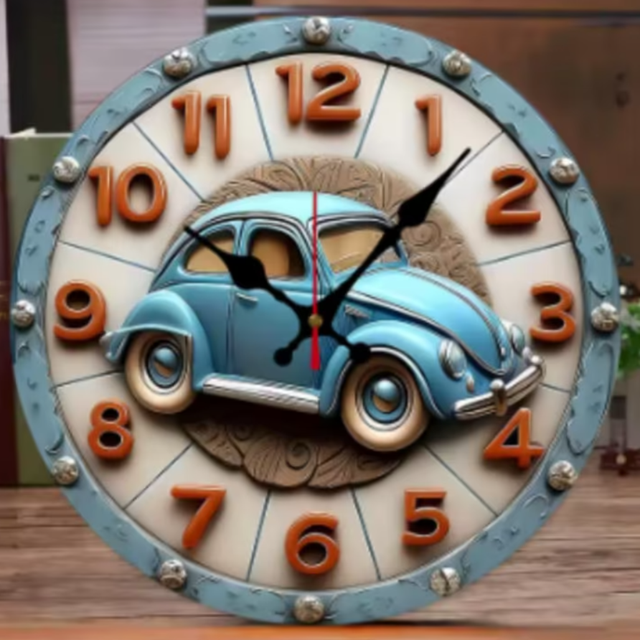 Ronde wandklok van hout Vintage blauwe auto (25cm)