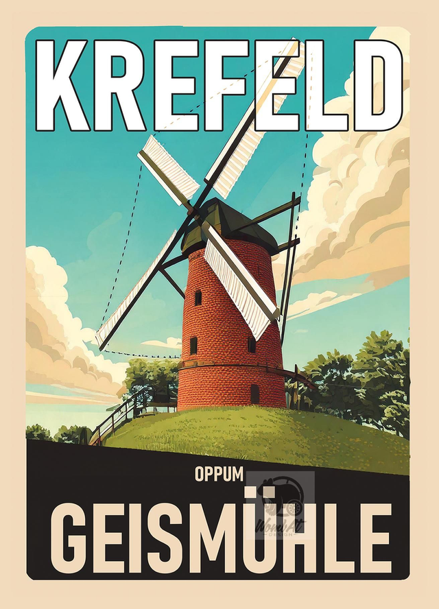 Retro-Reise-Postkarte Krefeld: Geismühle