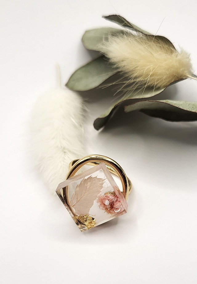 Bague fleurs séchées, forme losange