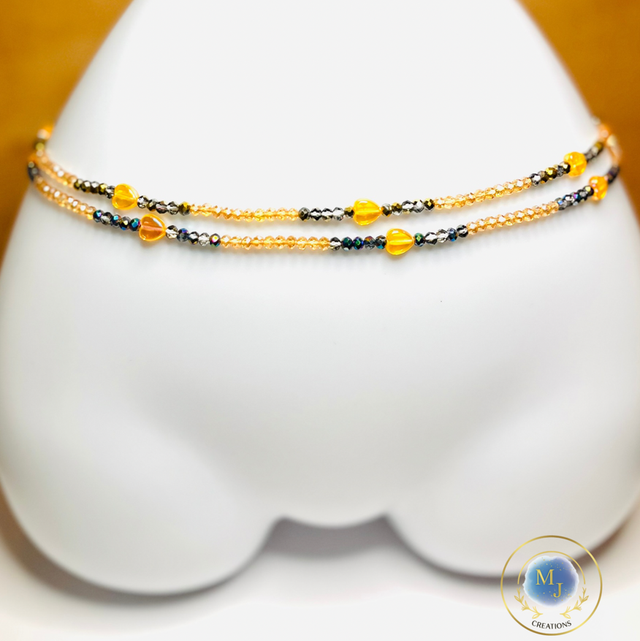 Sunset Flame Heupketting 120cm – Goudbruin & Oranje Kralen | Handgemaakte Waist Beads 