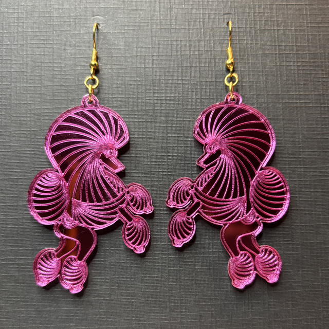 Acrylic - Earrings Poodle Continental Hot Pink Mirror