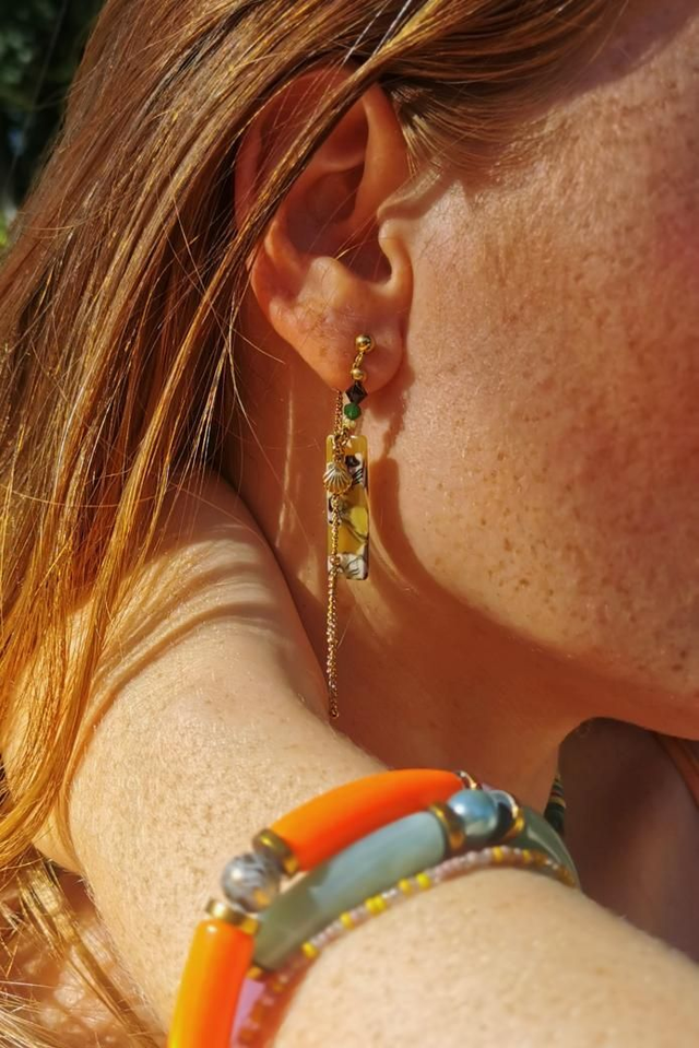 Boucles d'oreilles Jaune, Coquillage et Doré