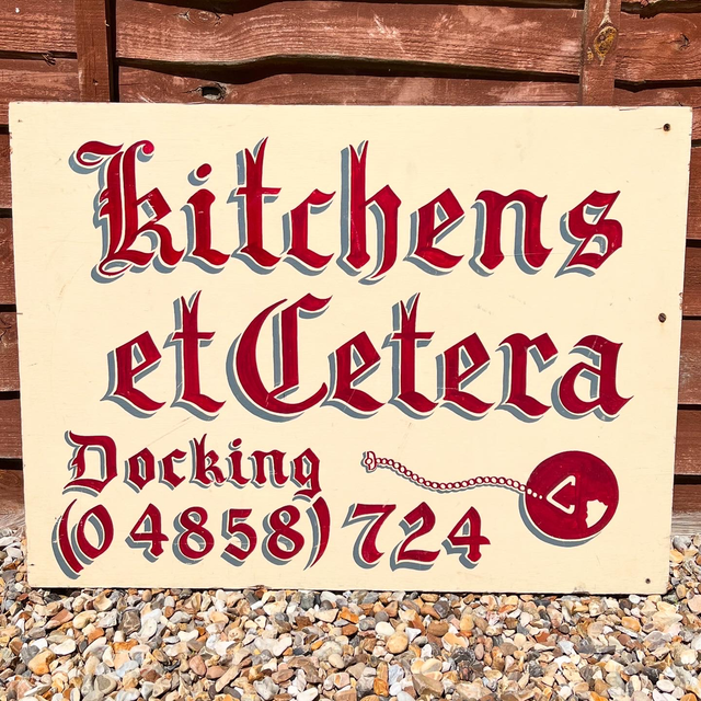Vintage Hand Painted Business Advertising Sign For “KITCHENS ETCETERA”