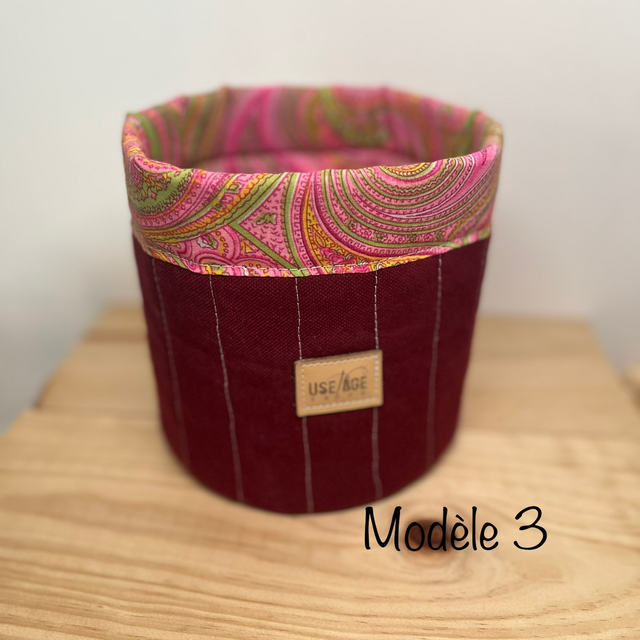 Panière ronde en jean matelassé & tissu vintage – Pièce unique