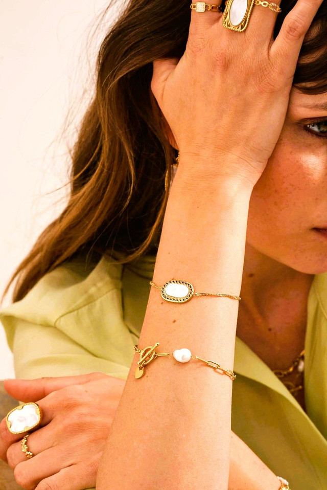 Bracelet ovale doré, Agate verte