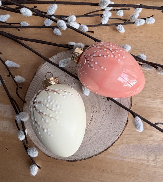 8cm Handmade Egg showing Blossom - choice of satin cream or glossy salmon pink