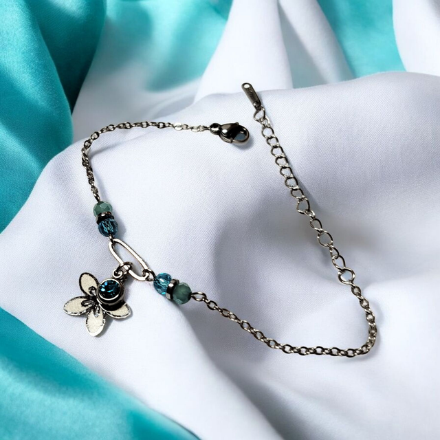 Bracelet acier inoxydable et strass bleu turquoise et argenté