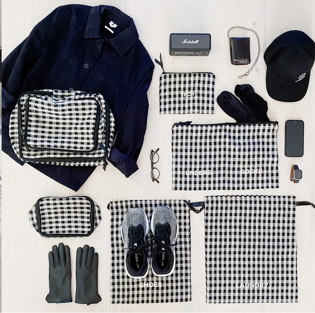 Checkered linen 7 piece luggage set