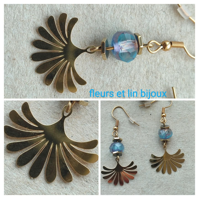 Z-Boucles &quot;éventail&quot; et perles en verre aux reflets bleus et roses en acier inoxydable doré -sans nickel, pièce unique 