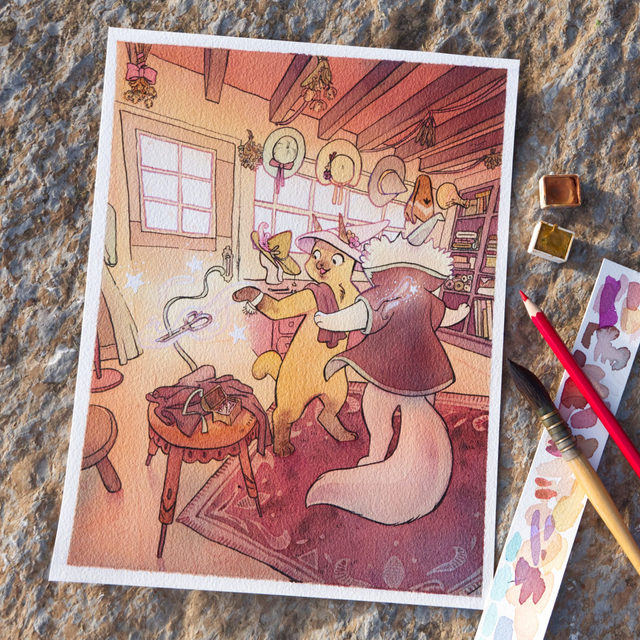 Aquarelle Originale - Bunny crée la cape de Fluffy