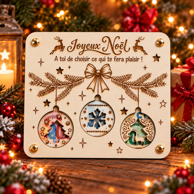 Carte porte billets en bois "Boules de Noël"
