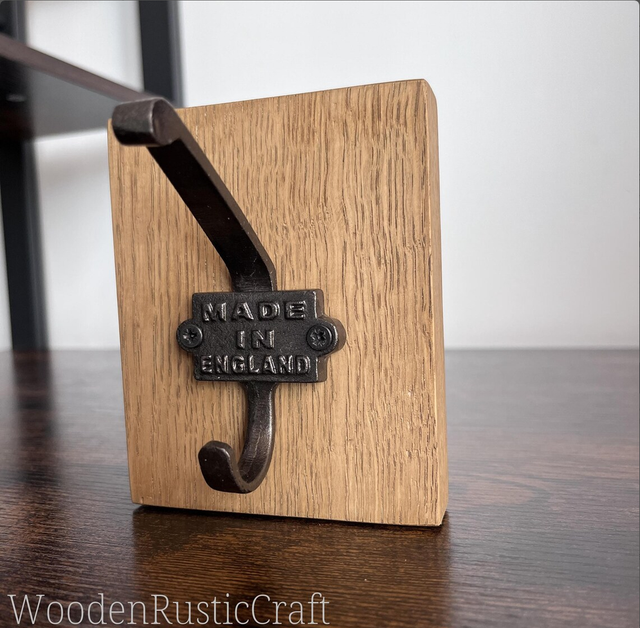 English Oak Wall Hook with Cast Iron Hook