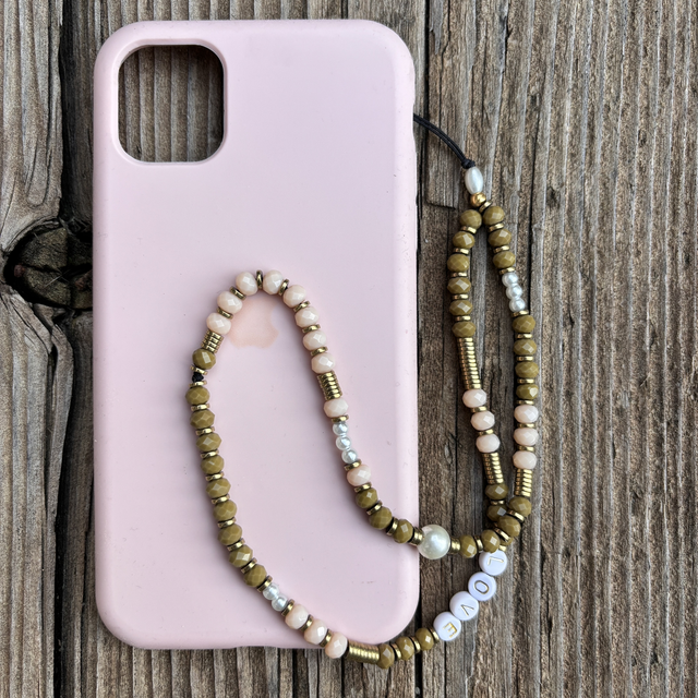 Grigri de téléphone Cristal kaki & beige rosé LOVE - Taille M