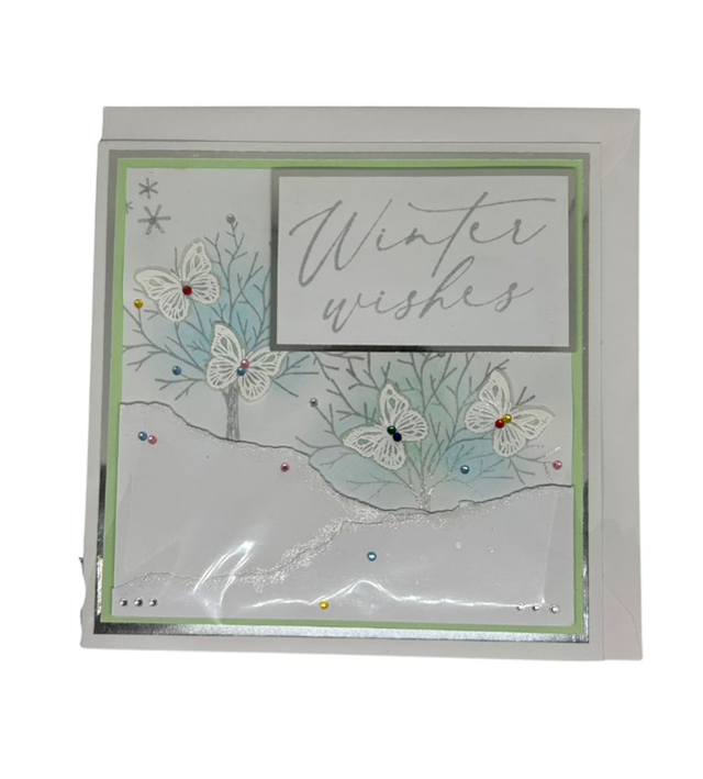 Winter Birthday Card – Silver &amp; White Embossed Butterfly Design