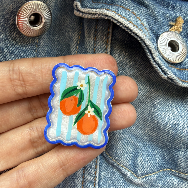 Orange Blossom Blue Stripe Postage Stamp Pin Badge