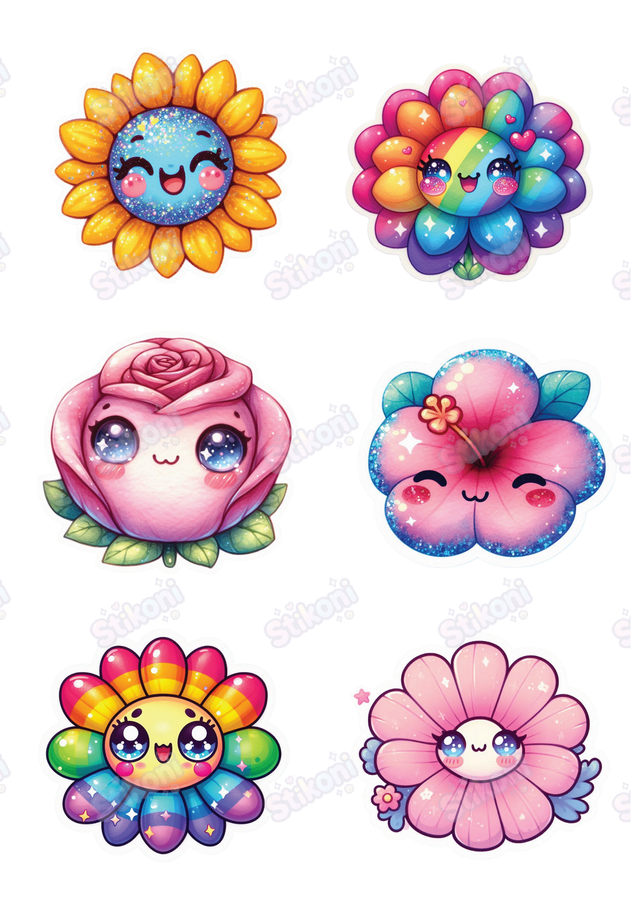 Cute Kawaii Flower Stickers – Set of 6