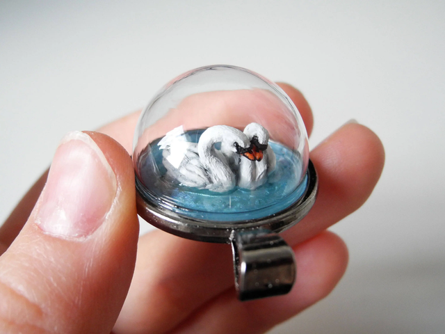 Swanlake - OOAK Biosphere Stainless Steel Pendant - Clear glass dome with two delicate handmade Swans on blue toned resins – Love jewelry