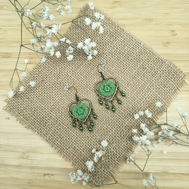 Boucles Cœurs Pampilles d'oreille vert et bronze