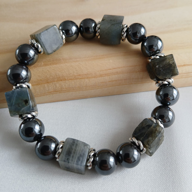 Heren armband Hematiet en Labradoriet – elastisch – 17 cm (2.063-2)