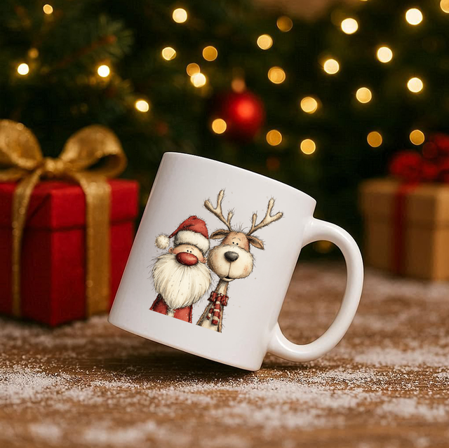 Vintage Santa &amp; Reindeer 11oz Ceramic Printed Mug Design 15