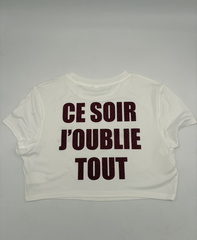 Crop top fit cut blanc a paillettes rose fonce CE SOIR J’OUBLIE TOUT