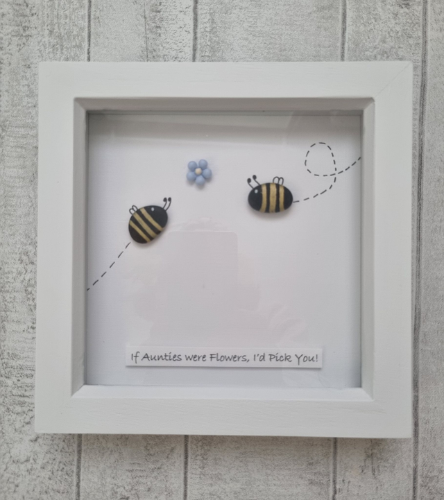 Two Bees &amp; Flower,  Irish, Pebble Art Picture with 'Auntie' Caption 