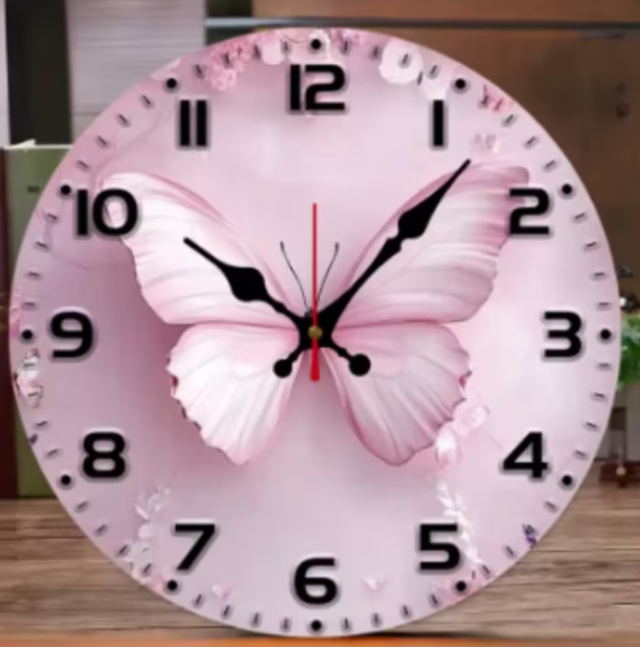 Ronde wandklok van hout analoge Roze Vlinder (25cm)