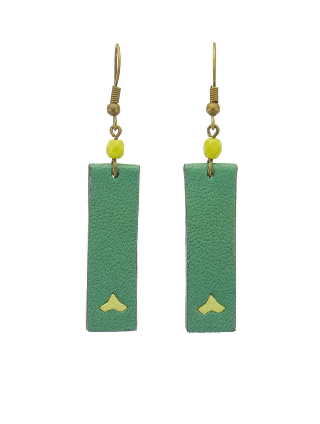 Boucles d’oreilles « Double barre », bronze, cuir vert et anis