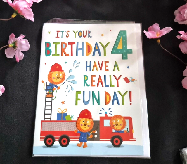 4th BIRTHDAY CARD FIRE ENGINE, CUTE LIONS DRESSED AS FIREMEN