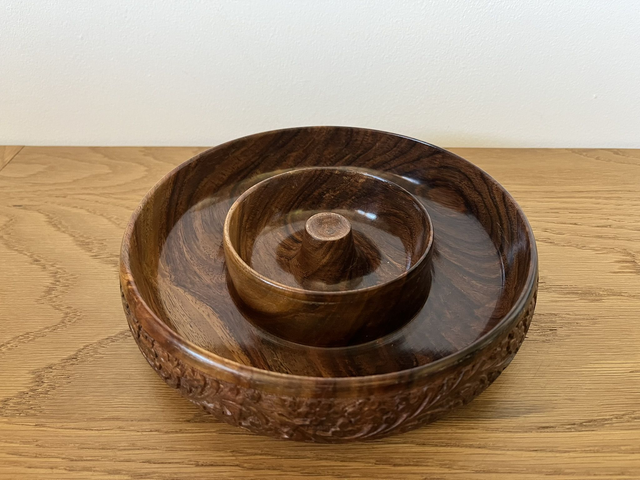 Sheesham Wood Table Double Snack Bowl Twin.