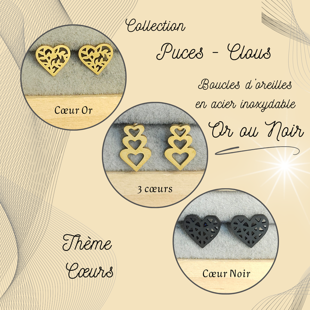 Clous d&#039;oreilles - Thème Cœurs - Acier Or ou Noir