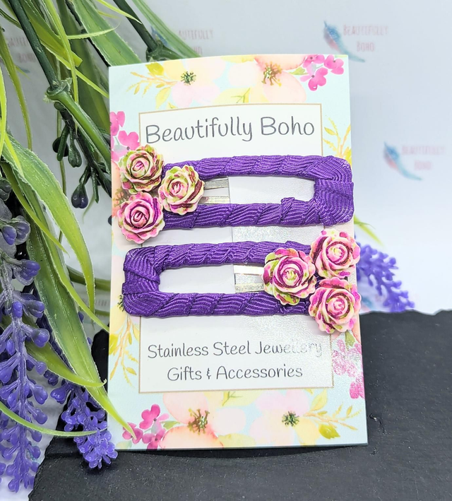 Purple Ribboned Rose Flower Snap Hair Clips 