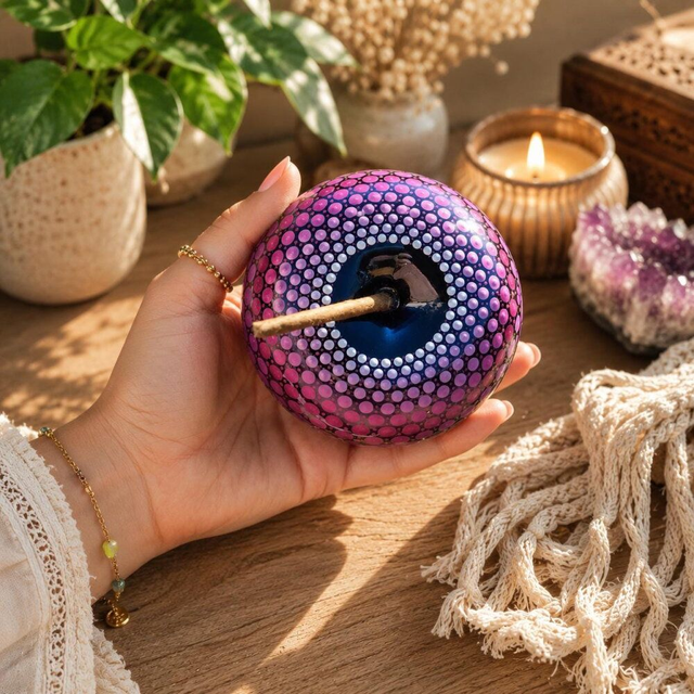 Pomme décorative mandala violet & fuchsia – Peinte à la main