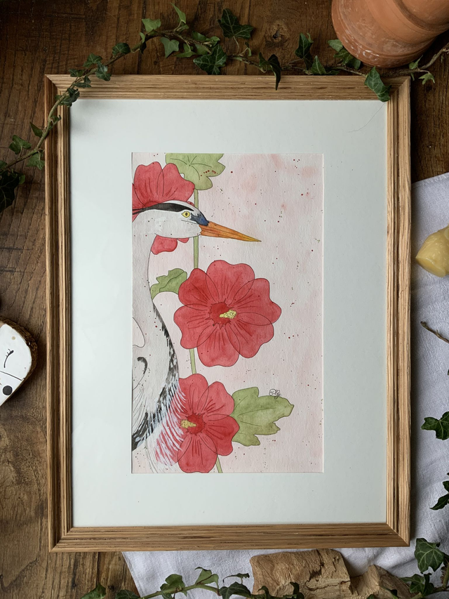 « Héron et ses roses trémières »