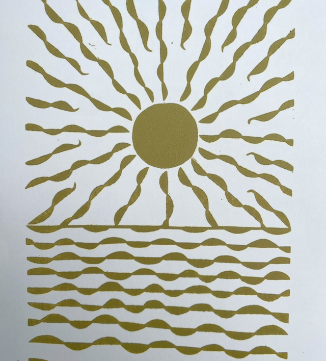 The Sun, Lino print in mustard yellow.