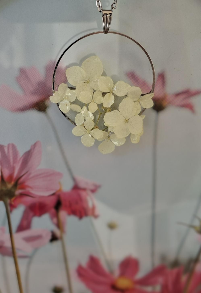 Collier "Annabella" fleurs naturelles d'hydrangea Annabelle acier inoxydable Argent 