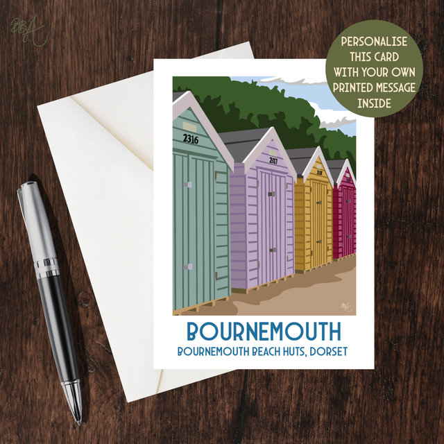 Bournemouth Beach Huts, Travel Poster Card