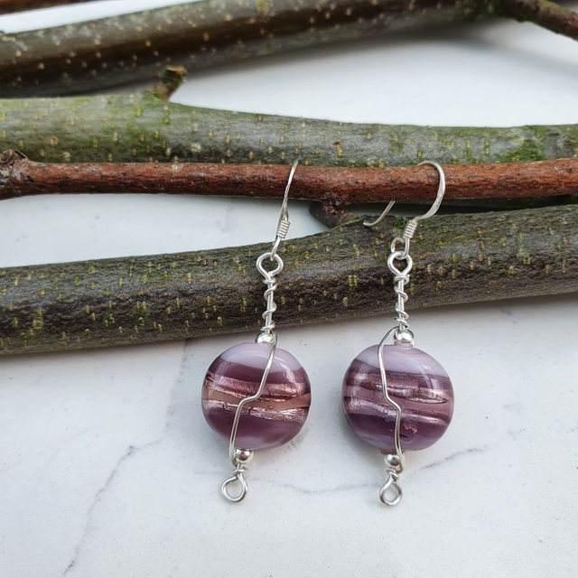 Purple glass twirly bead earrings - 334eo