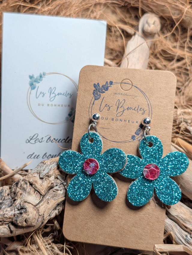 Boucles d'oreilles Années 80/90 baby Marguerite turquoise paillettes x014
